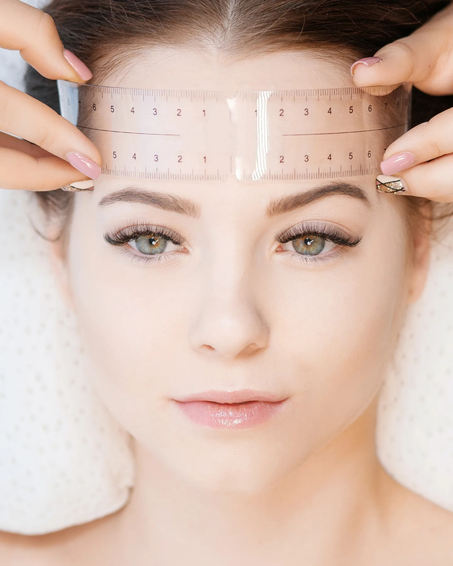 Mesure des sourcils avec règle lors d’une consultation de maquillage permanent personnalisé